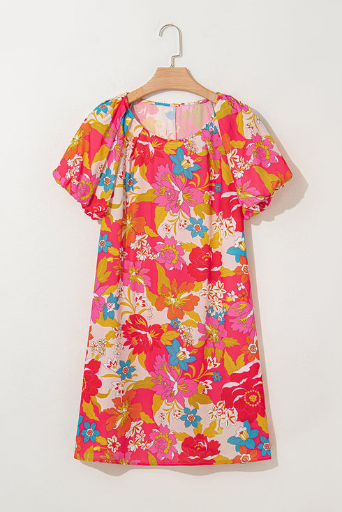 Charming Floral All Over Print Bubble Short Sleeve Summer Day Dress